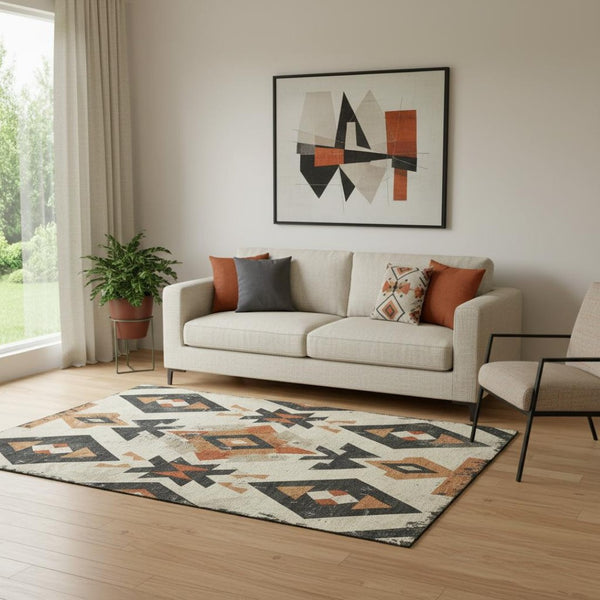 HomeRoots 8' Southwestern Washable Round Rug - Ivory, Orange & Charcoal with UV Protection & Non-Slip Backing 706754