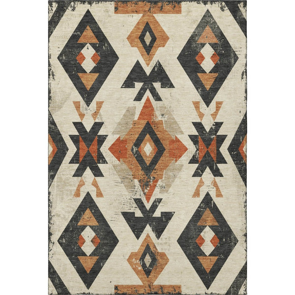 HomeRoots 8' Southwestern Washable Round Rug - Ivory, Orange & Charcoal with UV Protection & Non-Slip Backing 706754