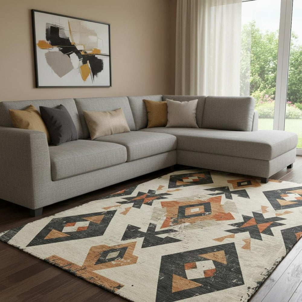 HomeRoots 9' X 12' Ivory Orange Charcoal Southwestern Rug - Washable, UV Protected, Stain Resistant Design for Homes 706756