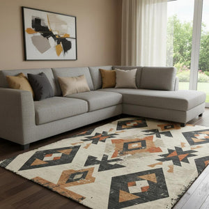 HomeRoots 9' X 12' Ivory Orange Charcoal Southwestern Rug - Washable, UV Protected, Stain Resistant Design for Homes 706756
