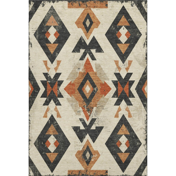 HomeRoots 9' X 12' Ivory Orange Charcoal Southwestern Rug - Washable, UV Protected, Stain Resistant Design for Homes 706756
