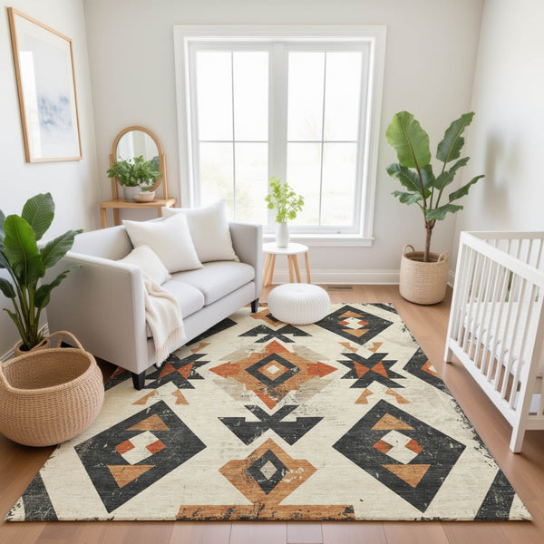 HomeRoots 9' X 12' Ivory Orange Charcoal Southwestern Rug - Washable, UV Protected, Stain Resistant Design for Homes 706756