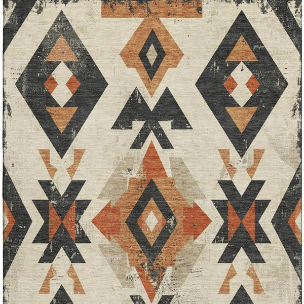 HomeRoots 9' X 12' Ivory Orange Charcoal Southwestern Rug - Washable, UV Protected, Stain Resistant Design for Homes 706756