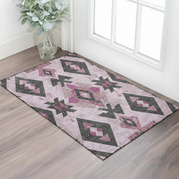 HomeRoots 5' X 8' Pink and Charcoal Southwestern Area Rug - Washable, Stain-Resistant, UV Protected for Durability 706759