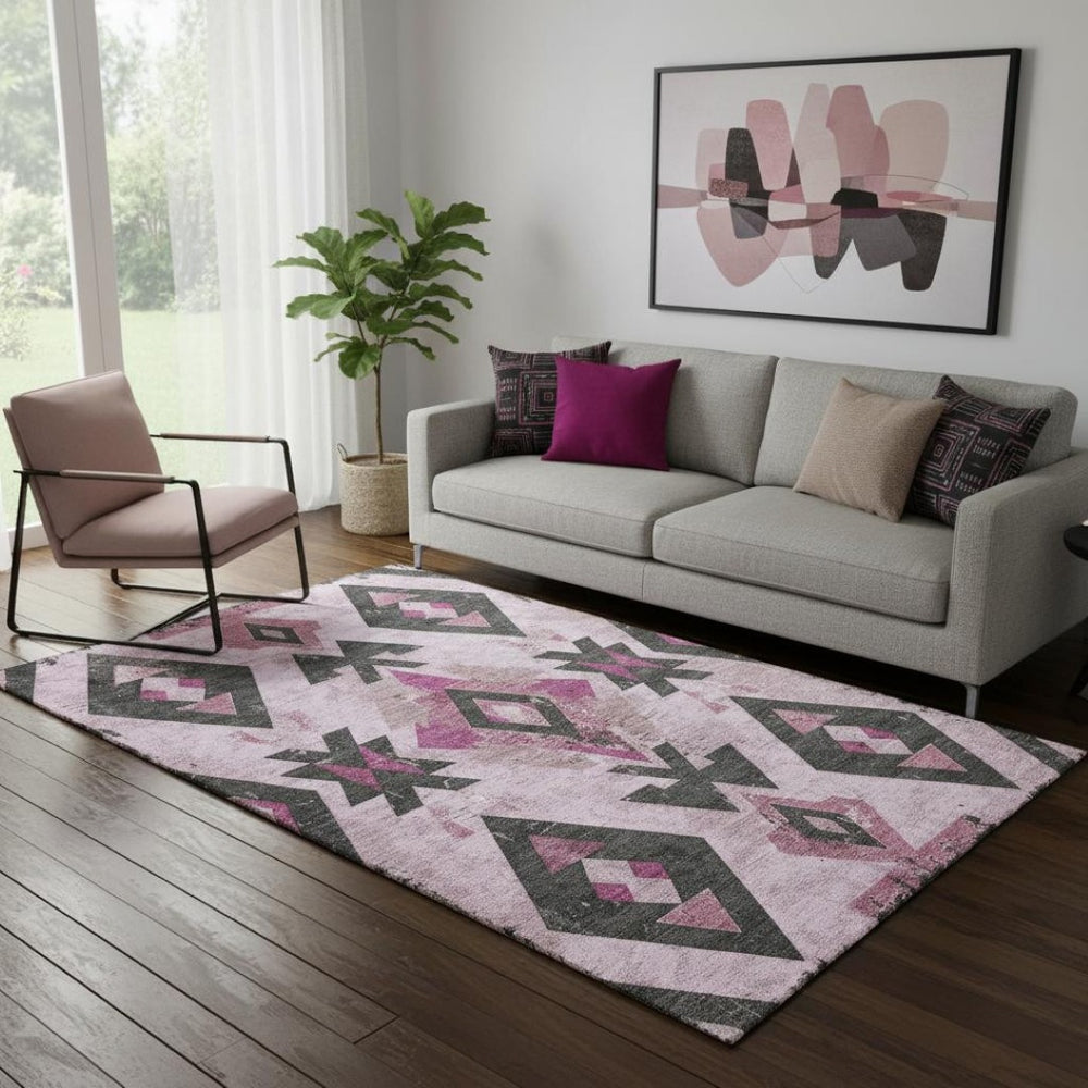 HomeRoots 8' Pink and Charcoal Southwestern Round Rug - Washable, UV Protected, Stylish & Stain-Resistant Design 706760