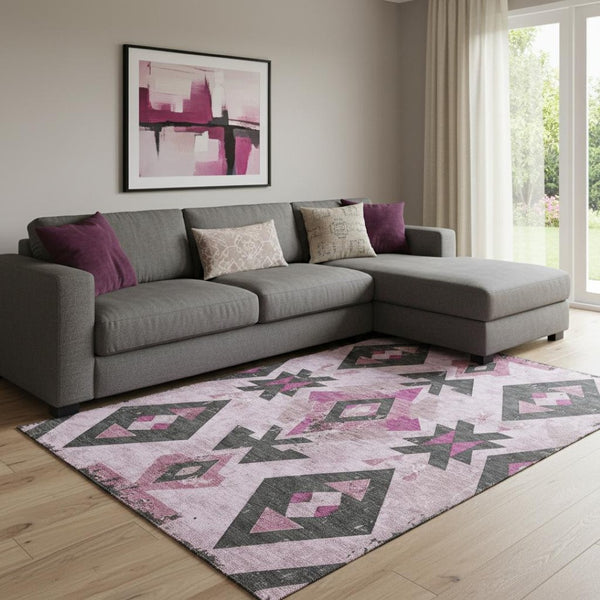HomeRoots 9' X 12' Pink & Charcoal Southwestern Washable Area Rug with UV Protection for Busy Homes & Decor 706762