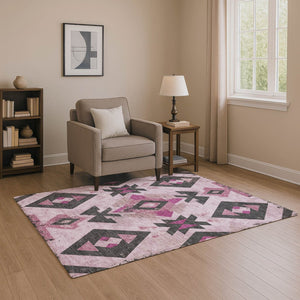 HomeRoots 9' X 12' Pink & Charcoal Southwestern Washable Area Rug with UV Protection for Busy Homes & Decor 706762