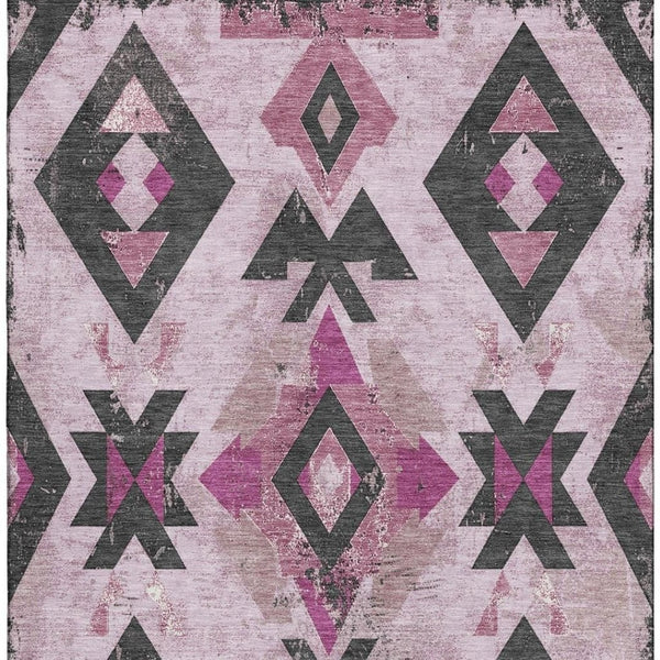 HomeRoots 9' X 12' Pink & Charcoal Southwestern Washable Area Rug with UV Protection for Busy Homes & Decor 706762