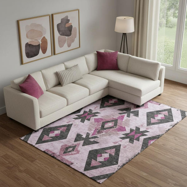 HomeRoots 10' X 14' Pink and Charcoal Southwestern Area Rug - Stylish, Washable, UV-Protected for Active Homes! 706763
