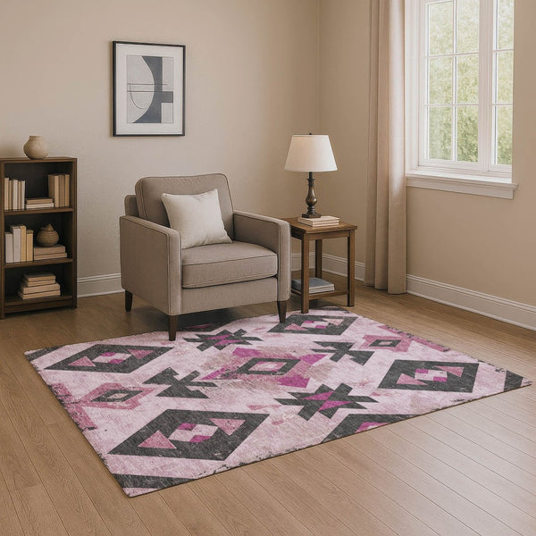 HomeRoots 10' X 14' Pink and Charcoal Southwestern Area Rug - Stylish, Washable, UV-Protected for Active Homes! 706763