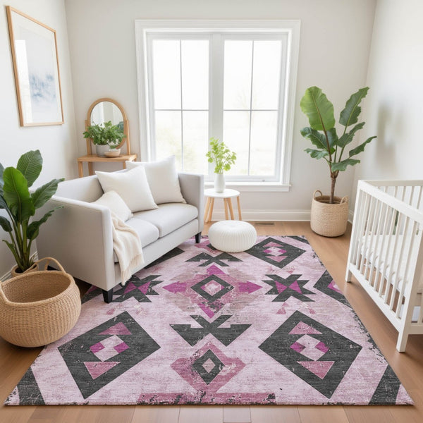 HomeRoots 10' X 14' Pink and Charcoal Southwestern Area Rug - Stylish, Washable, UV-Protected for Active Homes! 706763