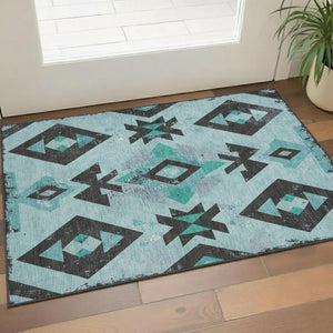 HomeRoots 5' X 8' Teal and Charcoal Southwestern Washable Rug - Durable, UV-Protected, Stain-Resistant Design! 706765