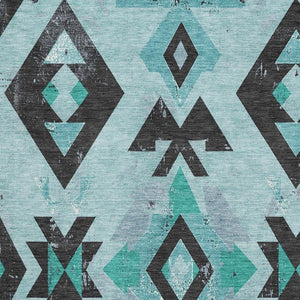 HomeRoots 5' X 8' Teal and Charcoal Southwestern Washable Rug - Durable, UV-Protected, Stain-Resistant Design! 706765
