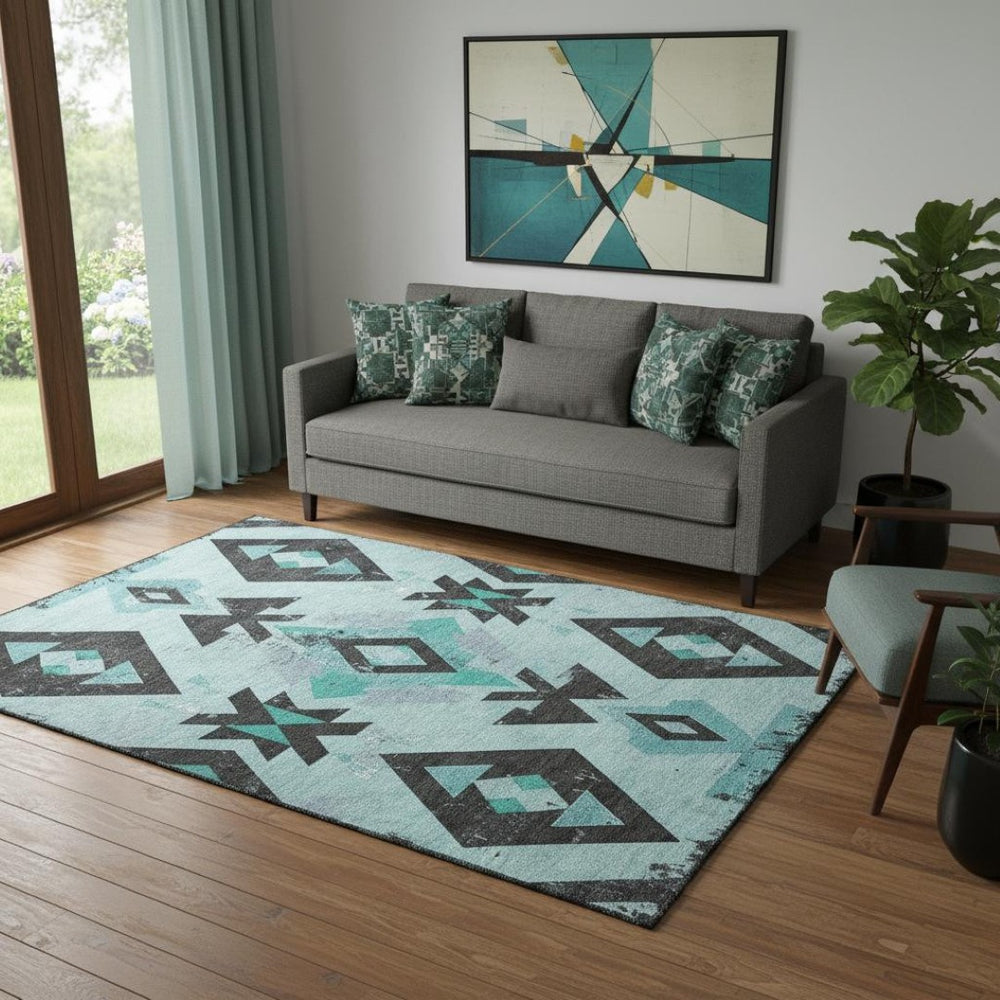 HomeRoots 8' Teal and Charcoal Southwestern Area Rug - Washable, UV Protected, Durable for Indoor & Outdoor Use 706766
