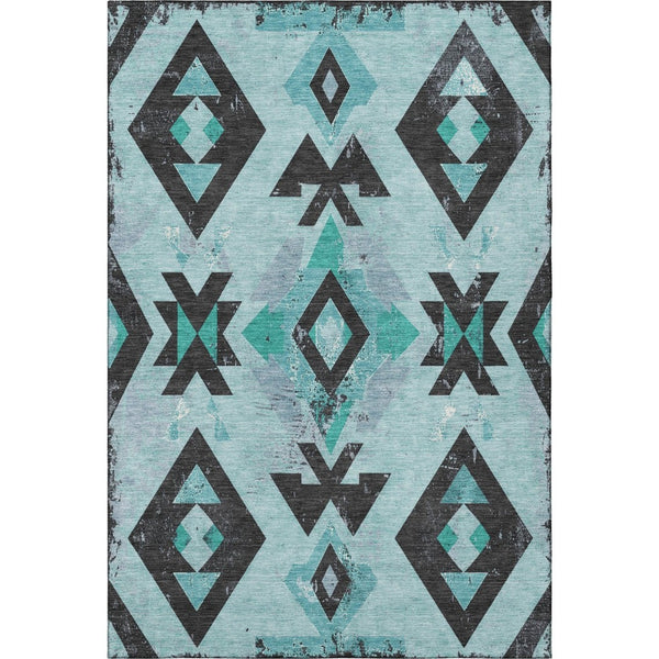 HomeRoots 8' Teal and Charcoal Southwestern Area Rug - Washable, UV Protected, Durable for Indoor & Outdoor Use 706766