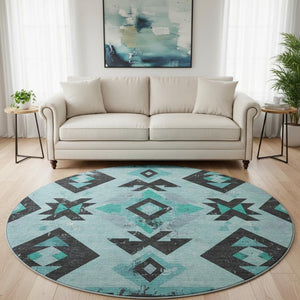 HomeRoots 8' X 10' Teal and Charcoal Southwestern Area Rug - Stylish, Washable, UV-Protected, Durable Design! 706767