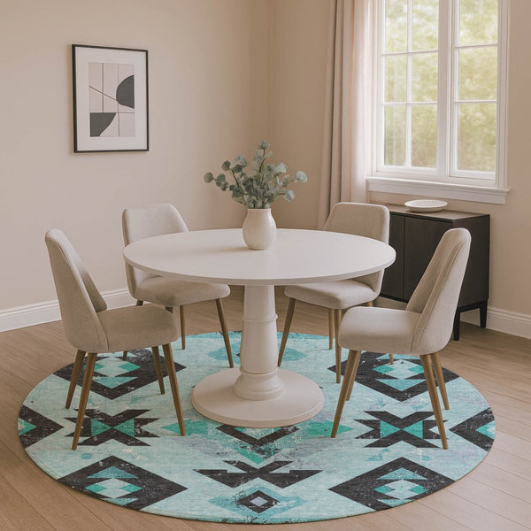 HomeRoots 8' X 10' Teal and Charcoal Southwestern Area Rug - Stylish, Washable, UV-Protected, Durable Design! 706767