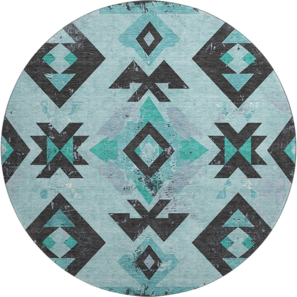 HomeRoots 8' X 10' Teal and Charcoal Southwestern Area Rug - Stylish, Washable, UV-Protected, Durable Design! 706767