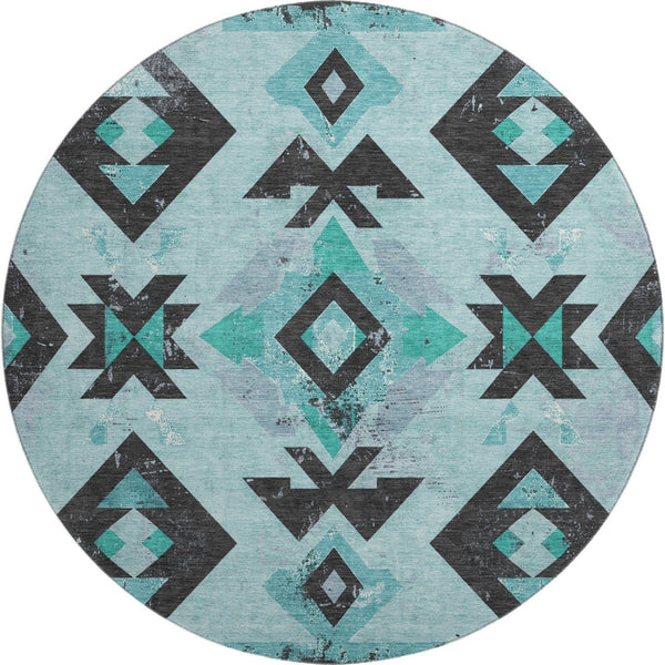 HomeRoots 8' X 10' Teal and Charcoal Southwestern Area Rug - Stylish, Washable, UV-Protected, Durable Design! 706767