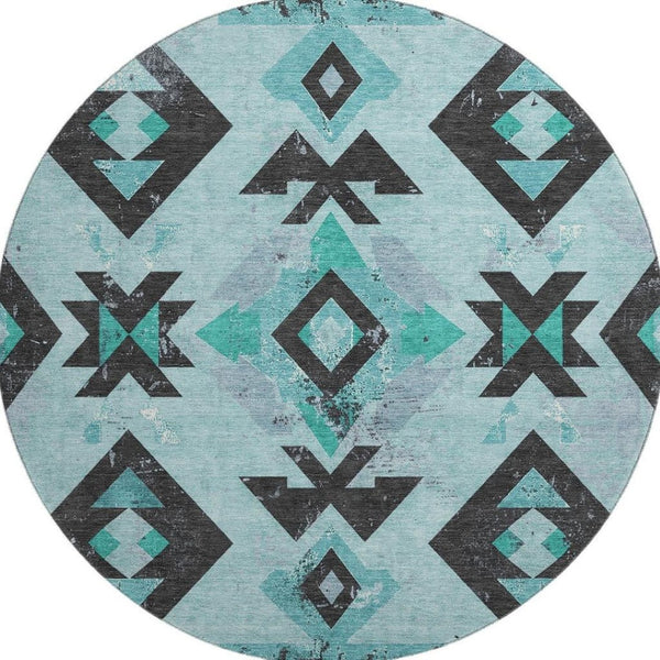 HomeRoots 8' X 10' Teal and Charcoal Southwestern Area Rug - Stylish, Washable, UV-Protected, Durable Design! 706767