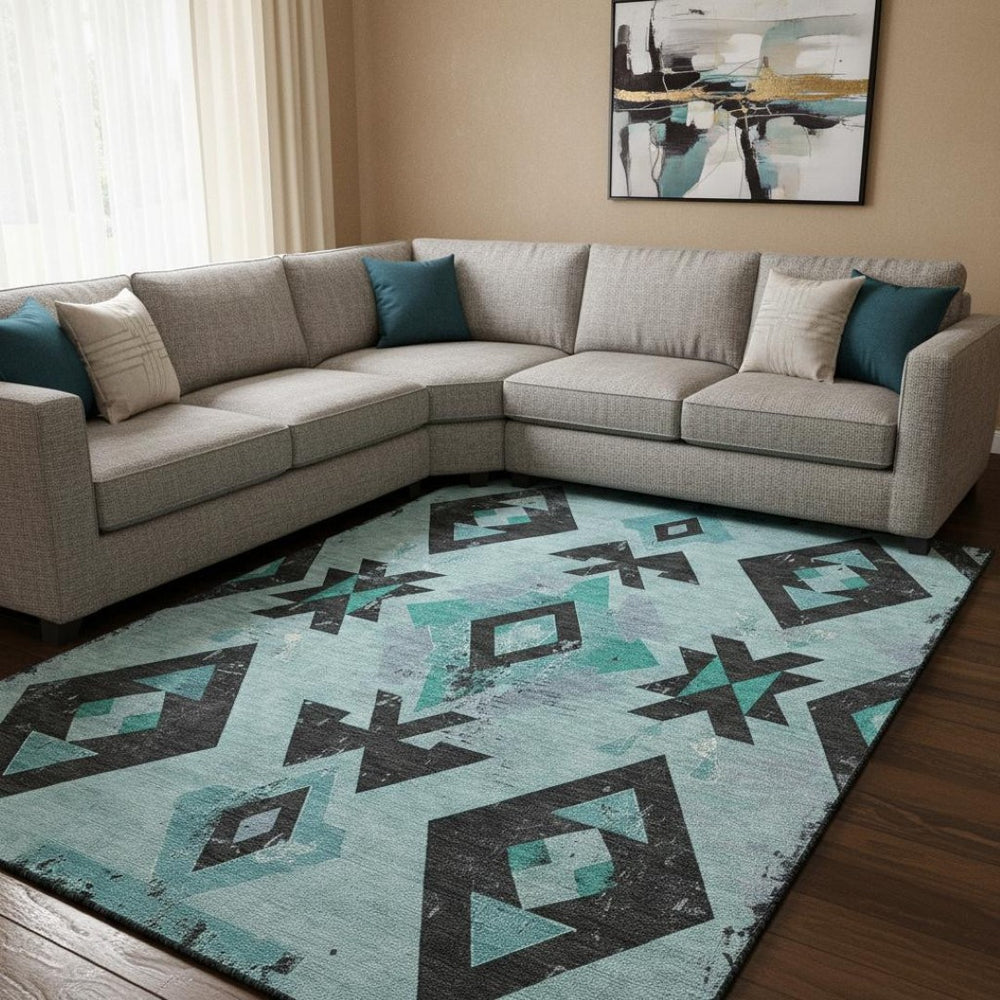 HomeRoots 9' X 12' Teal Charcoal Southwestern Area Rug - Washable, UV Protected, Durable for High-Traffic Spaces 706768