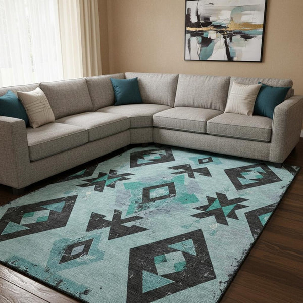 HomeRoots 9' X 12' Teal Charcoal Southwestern Area Rug - Washable, UV Protected, Durable for High-Traffic Spaces 706768
