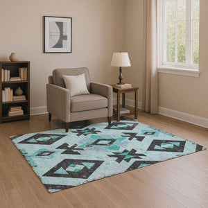 HomeRoots 9' X 12' Teal Charcoal Southwestern Area Rug - Washable, UV Protected, Durable for High-Traffic Spaces 706768