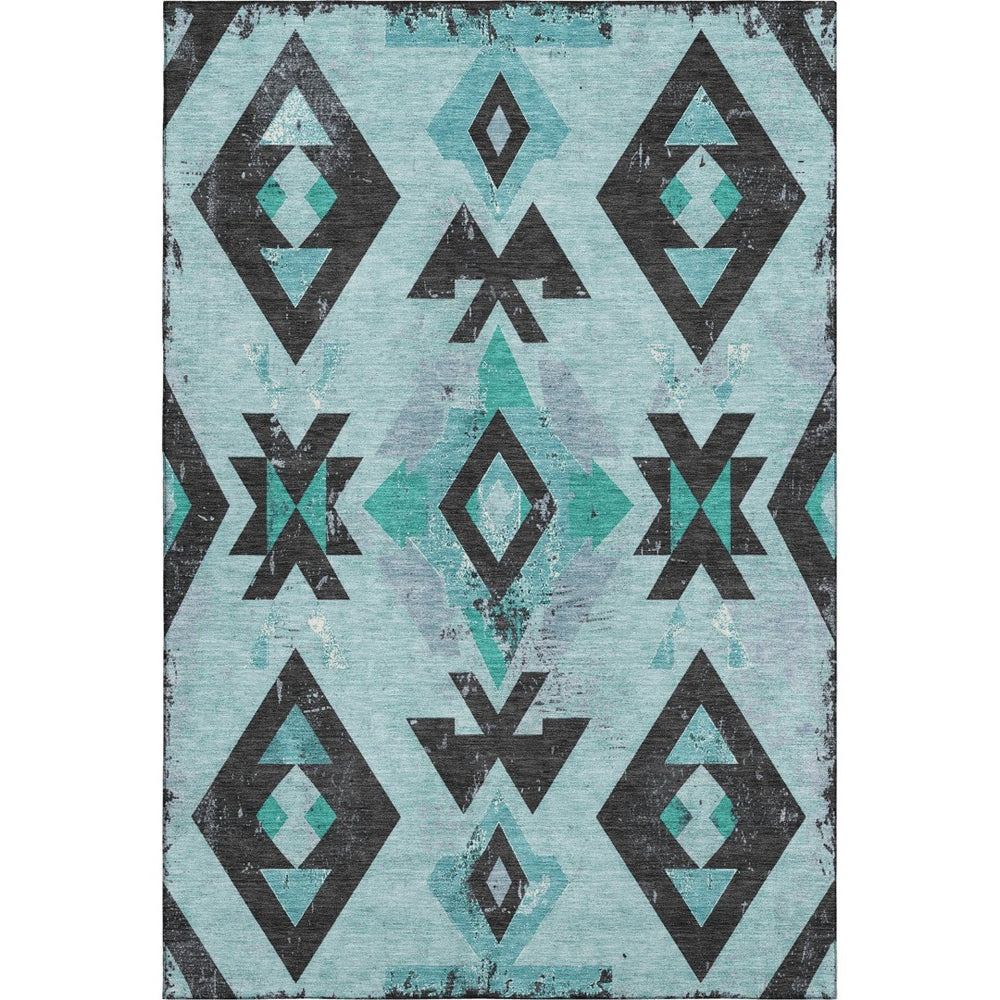 HomeRoots 9' X 12' Teal Charcoal Southwestern Area Rug - Washable, UV Protected, Durable for High-Traffic Spaces 706768