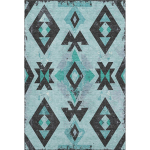 HomeRoots 9' X 12' Teal Charcoal Southwestern Area Rug - Washable, UV Protected, Durable for High-Traffic Spaces 706768