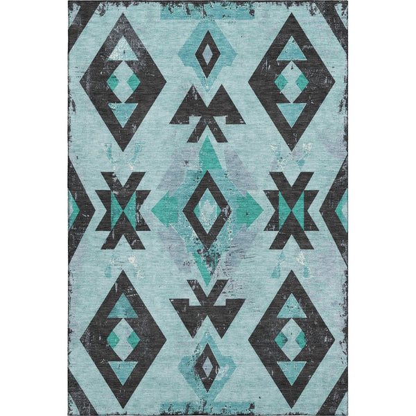 HomeRoots 9' X 12' Teal Charcoal Southwestern Area Rug - Washable, UV Protected, Durable for High-Traffic Spaces 706768