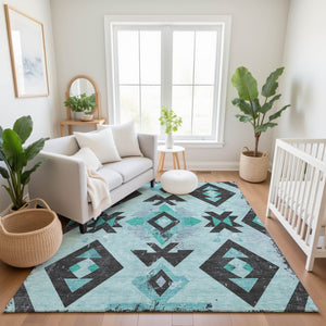 HomeRoots 9' X 12' Teal Charcoal Southwestern Area Rug - Washable, UV Protected, Durable for High-Traffic Spaces 706768