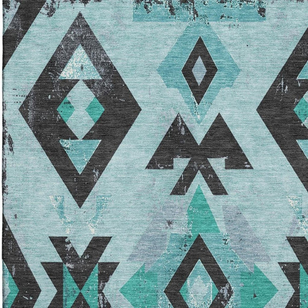 HomeRoots 9' X 12' Teal Charcoal Southwestern Area Rug - Washable, UV Protected, Durable for High-Traffic Spaces 706768