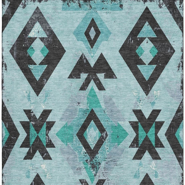 HomeRoots 9' X 12' Teal Charcoal Southwestern Area Rug - Washable, UV Protected, Durable for High-Traffic Spaces 706768