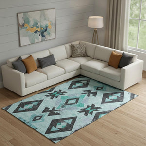 HomeRoots 10' X 14' Teal And Charcoal Southwestern Area Rug – Durable, Washable, UV-Protected for Everyday Life 706769