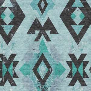 HomeRoots 10' X 14' Teal And Charcoal Southwestern Area Rug – Durable, Washable, UV-Protected for Everyday Life 706769