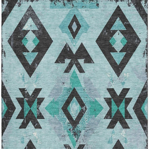 HomeRoots 10' X 14' Teal And Charcoal Southwestern Area Rug – Durable, Washable, UV-Protected for Everyday Life 706769