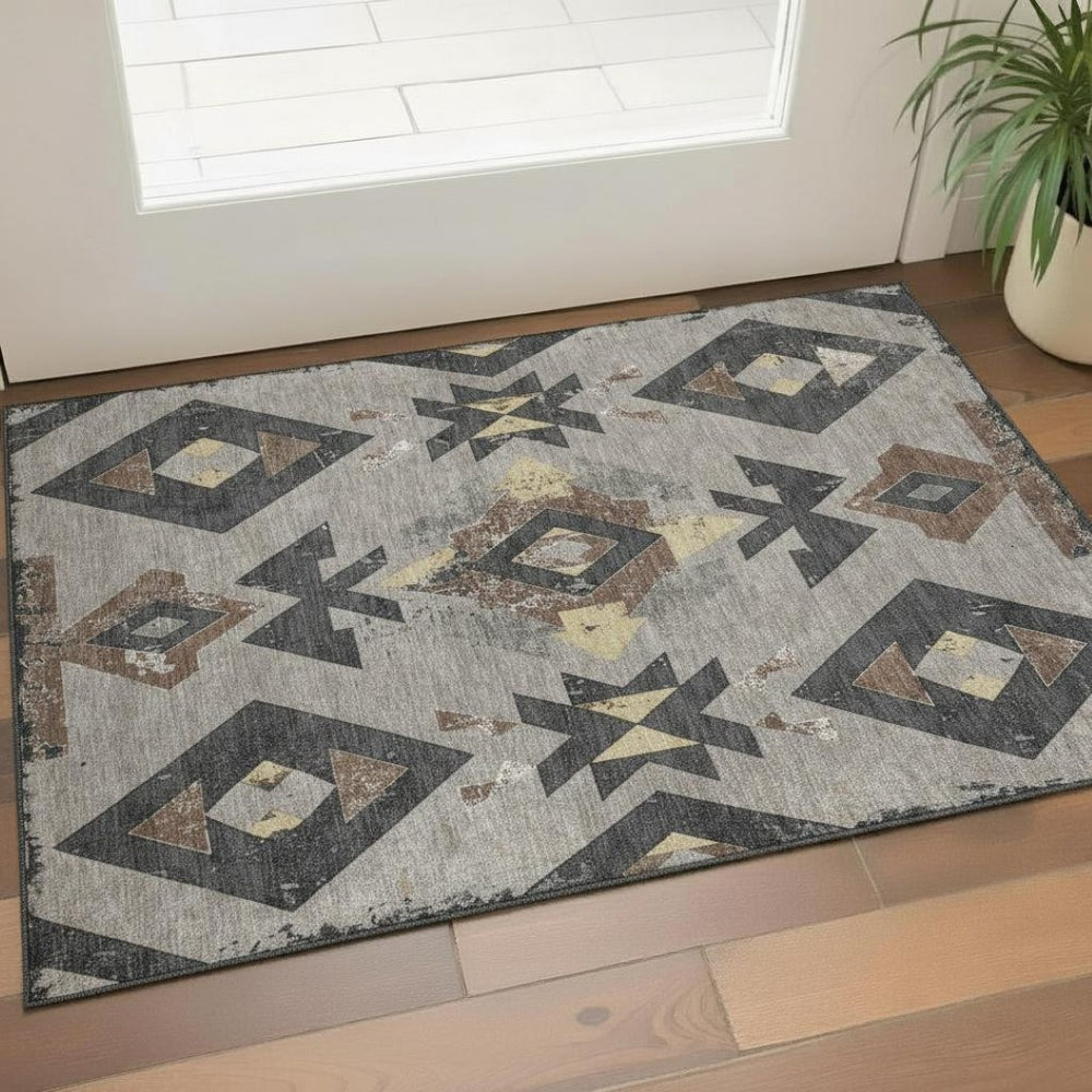 HomeRoots 5' X 8' Southwestern Area Rug in Taupe & Charcoal - Washable, UV-Resistant, Pet-Friendly Design 706771