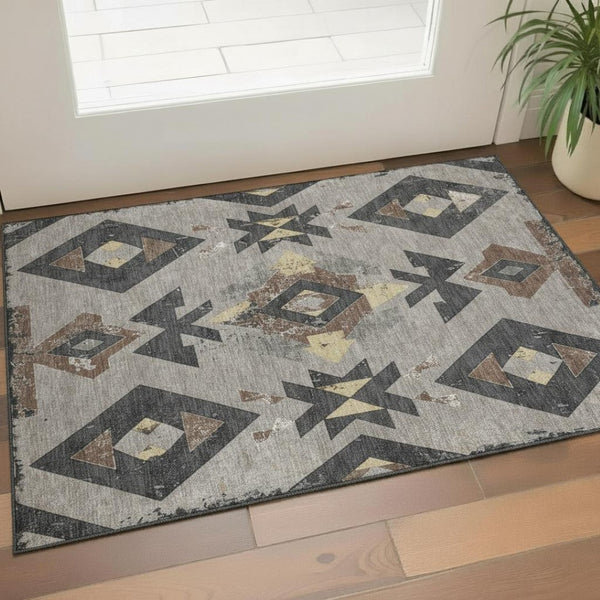 HomeRoots 5' X 8' Southwestern Area Rug in Taupe & Charcoal - Washable, UV-Resistant, Pet-Friendly Design 706771