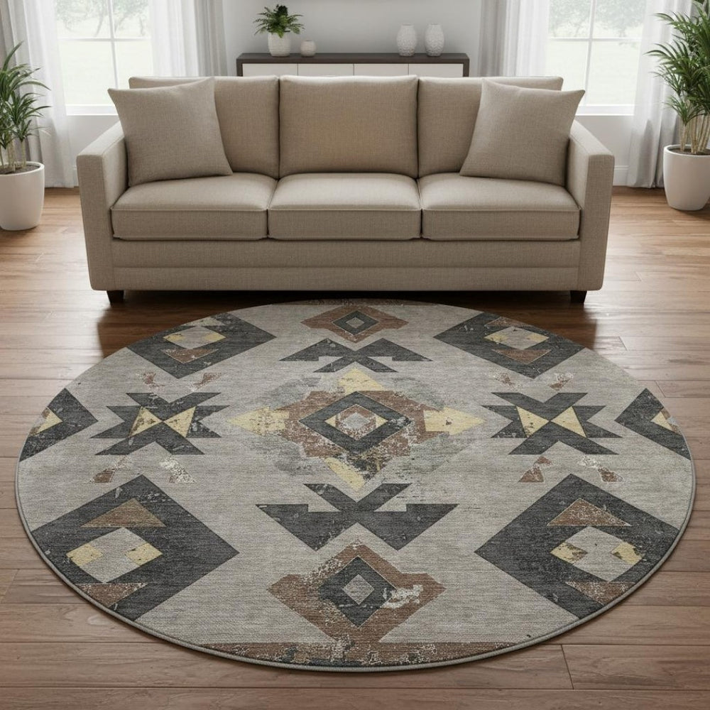 HomeRoots 8' X 10' Durable Southwestern Area Rug in Taupe & Charcoal - UV Protected, Stain-Resistant Design! 706773