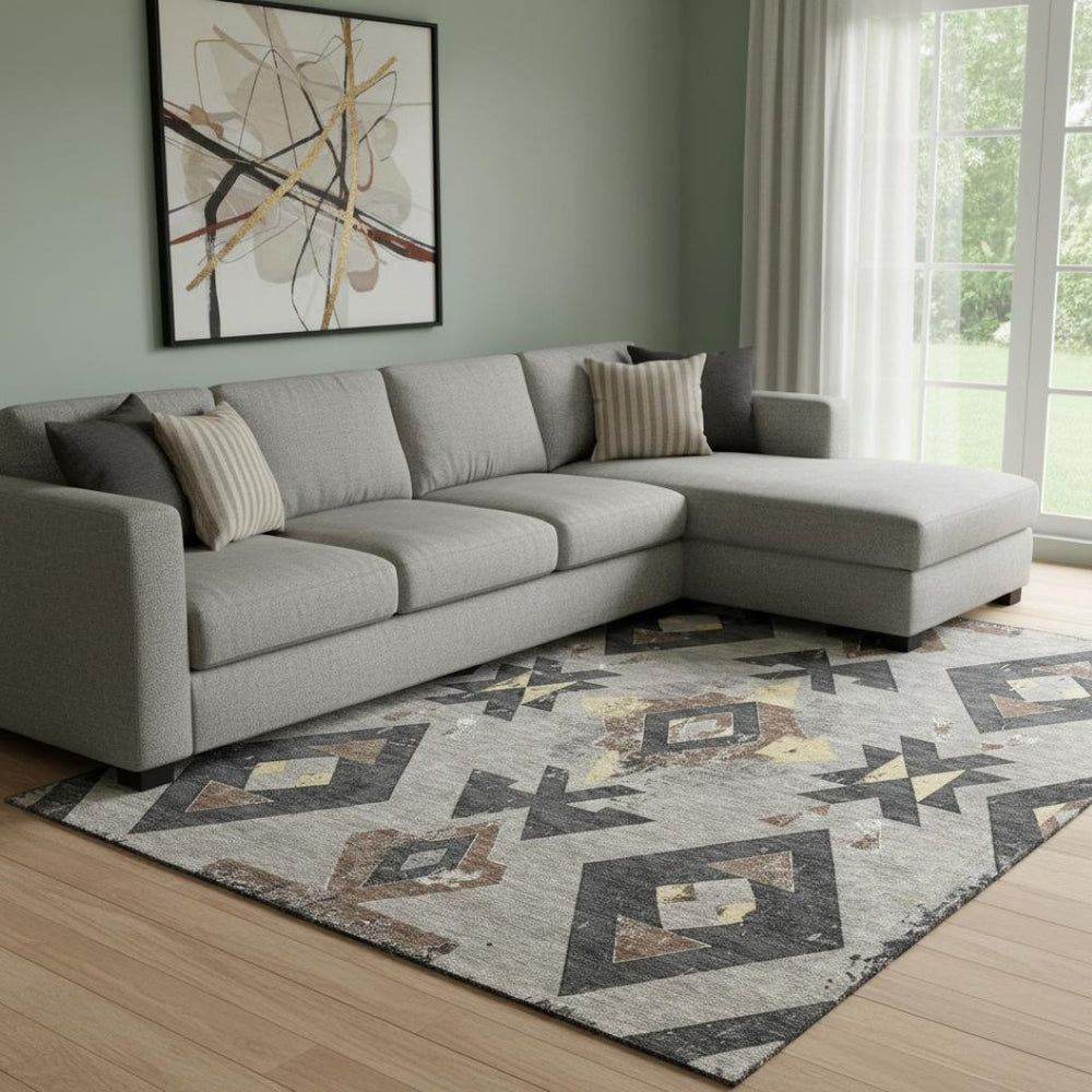 HomeRoots 9' X 12' Southwestern Taupe & Charcoal Washable Area Rug with UV Protection for Everyday Use 706774