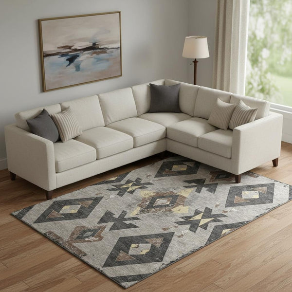 HomeRoots 10' X 14' Taupe & Charcoal Southwestern Area Rug - Washable, UV-Protected, Durable & Stylish Design 706775