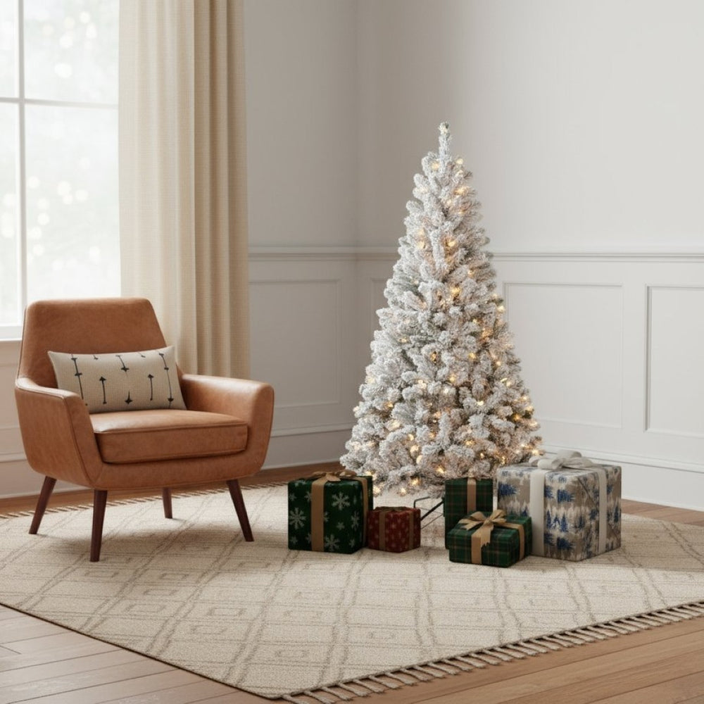 HomeRoots 6' Pre-Lit Flocked Spruce Christmas Tree - Elegant Winter Décor with Warm LED Glow for Any Space 72 706789