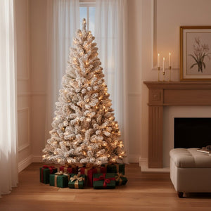 HomeRoots 7' Pre Lit Flocked Spruce Christmas Tree – Realistic, Low-Maintenance Holiday Centerpiece with Warm Lights 706790