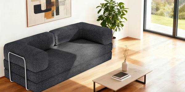 HomeRoots 82" Blue Chenille Convertible Futon Sofa - Modern Multi-Functional Sleeper for Any Living Space 706808