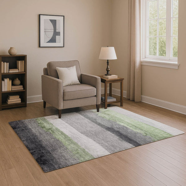 HomeRoots 9' X 12' Striped Artichoke Green & Gray Area Rug - Washable, UV Protected, Durable & Stylish Design 706818