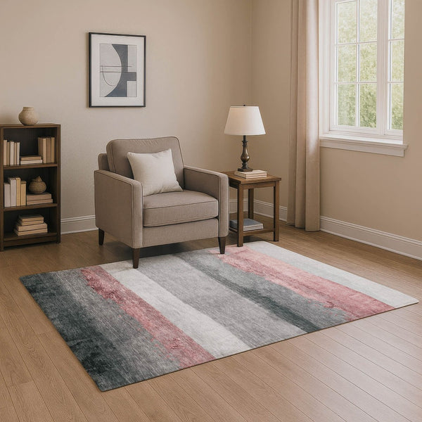 HomeRoots 5' X 8' Blush and Gray Striped Area Rug - UV Protected, Stain Resistant, Machine Washable Design! 706821