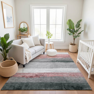 HomeRoots 5' X 8' Blush and Gray Striped Area Rug - UV Protected, Stain Resistant, Machine Washable Design! 706821