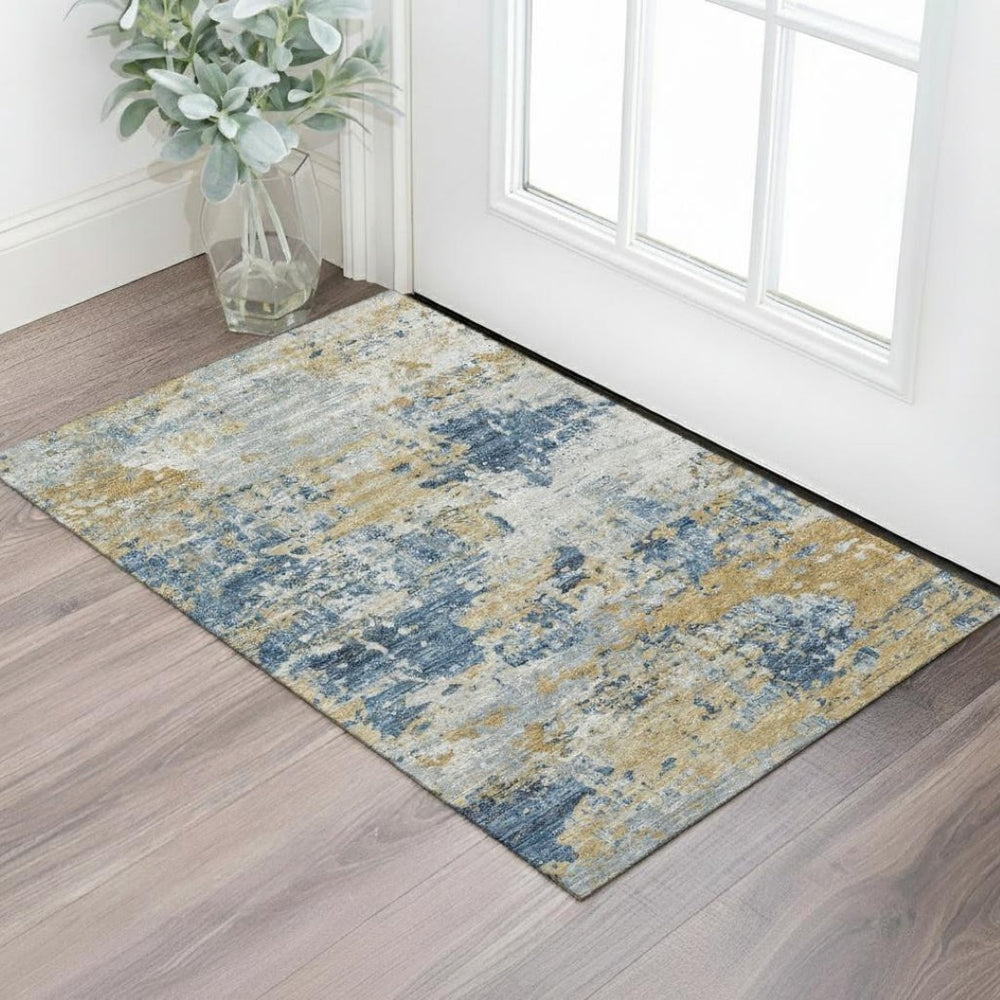 HomeRoots 5' X 8' Gold and Gray Striped Area Rug - Washable, UV Protected, Durable for High-Traffic Spaces 706827
