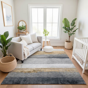 HomeRoots 5' X 8' Gold and Gray Striped Area Rug - Washable, UV Protected, Durable for High-Traffic Spaces 706827