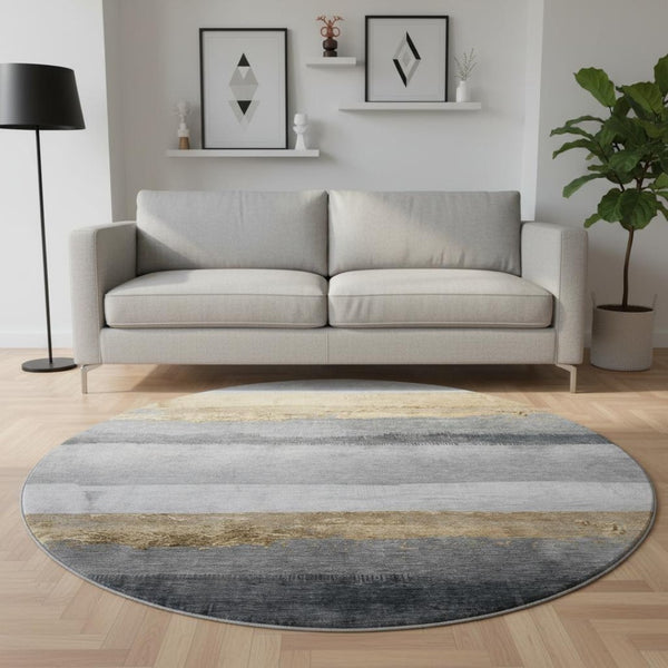HomeRoots 8' X 10' Washable Gold and Gray Striped Area Rug - Stain-Resistant, UV-Protected, Family-Friendly Design 706829